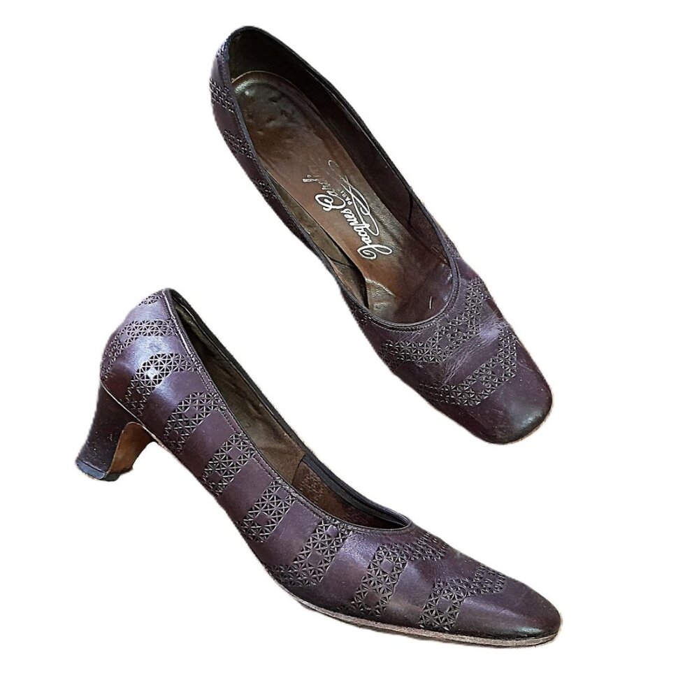 Vintage 60s Brown Shoes Size 8 / 9 Jacques Cardin Paris Pumps Narrow Square Toe